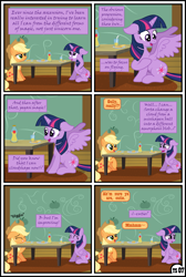 Size: 1600x2379 | Tagged: safe, artist:gutovi, applejack, twilight sparkle, alicorn, earth pony, pony, comic:why me!?, g4, alternate ending, apple, apple juice, comic, cooking, female, food, hat, juice, lesbian, mare, ship:twijack, shipping, show accurate, sweet apple acres, table, twilight sparkle (alicorn)