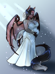 Size: 1624x2185 | Tagged: safe, artist:blackblood-queen, oc, oc only, oc:lady lovegreen, dracony, dragon, hybrid, anthro, unguligrade anthro, anthro oc, beautiful, belly, big breasts, breasts, cleavage, clothes, digital art, dress, eyes closed, fangs, female, holding belly, leonine tail, mare, milf, pregnant, solo, tail, wedding dress, wings