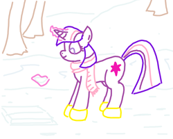 Size: 1000x800 | Tagged: safe, artist:purblehoers, twilight sparkle, pony, unicorn, g4, book, bookhorse, boots, clothes, magic, ms paint, scarf, shoes, simple background, smiling, snow, solo, telekinesis, tree, unicorn twilight
