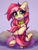 Size: 1887x2464 | Tagged: safe, artist:radioaxi, roseluck, earth pony, pony, g4, collar, commission, commissioner:doom9454, cute, female, high res, hug, looking at you, mare, pet tag, pillow, pony pet, rosepet, sitting, smiling, smiling at you, solo, tail, tail hug, underhoof