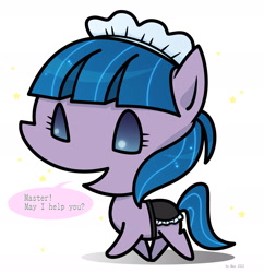 Size: 2299x2377 | Tagged: safe, artist:sechst_himmel, tote bag (g4), earth pony, pony, crusaders of the lost mark, g4, background pony, clothes, high res, maid, master, simple background, solo, speech, speech bubble, stars, talking, white background
