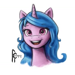 Size: 1494x1494 | Tagged: safe, artist:rcooper, izzy moonbow, pony, unicorn, g5, my little pony: a new generation, eyebrows, eyebrows visible through hair, simple background, solo, white background