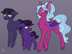 Size: 1027x778 | Tagged: safe, artist:greenarsonist, oc, oc only, oc:night smyth, oc:party popper🎊, oc:plum shadow, bat pony, earth pony, pony, bat pony oc, bat wings, ears back, earth pony oc, eyeshadow, female, folded wings, lipstick, makeup, male, sharp teeth, siblings, smiling, teeth, unshorn fetlocks, wings, young, younger