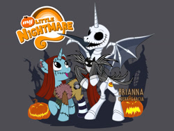 Size: 900x675 | Tagged: safe, artist:briannacherrygarcia, alicorn, pony, unicorn, bone, halloween, holiday, jack skellington, jack-o-lantern, ponified, pumpkin, sally skellington, skeleton, the nightmare before christmas