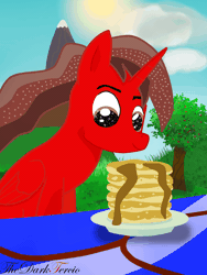 Size: 2160x2880 | Tagged: safe, artist:thedarktercio, oc, oc only, oc:thedarktercio, alicorn, pony, animated, cloud, eating, food, gif, grass, grass field, herbivore, high res, mountain, pancakes, smiling, solo, sun, tree