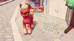 Size: 1920x1080 | Tagged: safe, screencap, sprout cloverleaf, earth pony, pony, g5, my little pony: a maretime bay adventure, animated, game screencap, idle, male, no sound, shifty eyes, smiling, stallion, webm, zoomed in