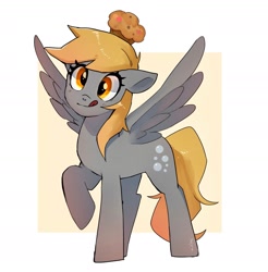 Size: 1841x1874 | Tagged: safe, artist:hosikawa, derpy hooves, pegasus, pony, g4, :p, cute, derpabetes, female, food, mare, muffin, on head, raised hoof, solo, spread wings, tongue out, wings