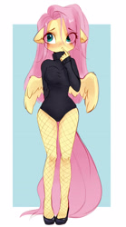 Size: 2268x4093 | Tagged: safe, artist:sofiko-ko, fluttershy, pegasus, anthro, g4, blushing, breasts, busty fluttershy, clothes, eye clipping through hair, eyebrows, eyebrows visible through hair, female, finger to mouth pose, fishnet stockings, high heels, leotard, long sleeves, shoes, solo, spread wings, turtleneck, wings