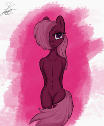 Size: 1419x1710 | Tagged: safe, artist:seekernight, oc, oc:scarlet, earth pony, semi-anthro, eyelashes, female, hair over one eye, looking at you, simple background, smiling, smiling at you, solo, standing