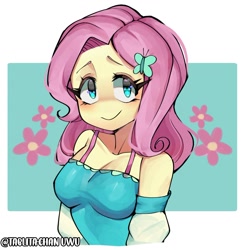 Size: 1200x1231 | Tagged: safe, artist:tablitachan5, fluttershy, human, equestria girls, g4, bra, bra strap, breasts, bust, busty fluttershy, butterfly hairpin, cleavage, clothes, cute, female, flower, looking at you, no nose, shyabetes, smiling, smiling at you, solo