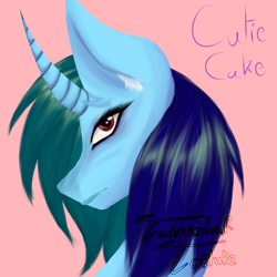Size: 1280x1280 | Tagged: safe, artist:technicolourtorture, oc, oc only, oc:cutie cake, pony, unicorn, blue hair, blue skin, green hair, horn, multicolored hair, pink background, red eyes, simple background, unicorn oc, watermark