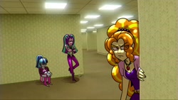 Size: 1920x1080 | Tagged: safe, artist:beefgummies, adagio dazzle, aria blaze, sonata dusk, human, equestria girls, g4, adagio dazzle is not amused, aria blaze is not amused, boots, breasts, cigarette, cleavage, clothes, crossed arms, disguise, disguised siren, eye clipping through hair, eyebrows, eyebrows visible through hair, female, frown, gem, hairband, high heels, jacket, jeans, leaning, leaning on wall, meme, missing accessory, narrowed eyes, pants, pigtails, ponified meme, ponytail, shoes, siren gem, sitting, sneaking, sonata dusk is not amused, the backrooms, the dazzlings, this will end in death, this will end in tears, this will end in tears and/or death, this will not end well, trio, trio female, twintails, unamused, vest, wall of tags