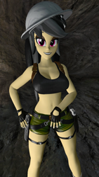 Size: 1080x1920 | Tagged: safe, artist:oatmeal!, daring do, human, equestria girls, g4, 3d, belly button, big breasts, breasts, busty daring do, cave, clothes, explorer outfit, fingerless gloves, gloves, gmod, gun, hand on hip, lara croft, looking at you, sexy, shorts, solo, sports bra, tomb raider, weapon