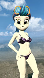 Size: 1080x1920 | Tagged: safe, artist:oatmeal!, indigo zap, human, equestria girls, g4, 3d, beach, belly button, bikini, breasts, clothes, gmod, goggles, hand on hip, looking at you, ocean, sexy, solo, swimsuit, water