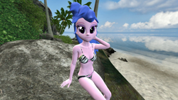 Size: 1920x1080 | Tagged: safe, artist:oatmeal!, firefly, human, equestria girls, g1, g4, 3d, arm behind head, beach, belly button, bikini, breasts, clothes, equestria girls-ified, gmod, looking at you, ocean, palm tree, recolor, sexy, sitting, solo, swimsuit, tree, tropical, water