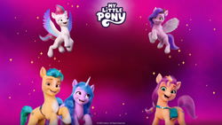 Size: 2560x1440 | Tagged: safe, hitch trailblazer, izzy moonbow, pipp petals, sunny starscout, zipp storm, earth pony, pegasus, pony, unicorn, cutie mark maker, g5, my little pony: a new generation, official, female, male, mane five, mare, my little pony logo, stallion, stock render