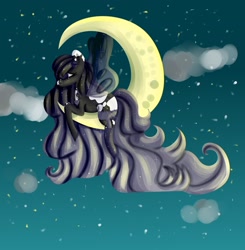 Size: 2121x2160 | Tagged: safe, alternate version, artist:dillice, oc, oc only, pegasus, pony, crescent moon, female, high res, mare, moon, night, pegasus oc, signature, solo, stars, tangible heavenly object, transparent moon