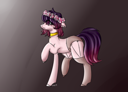 Size: 2800x2000 | Tagged: safe, artist:dillice, oc, oc only, earth pony, pony, choker, clothes, earth pony oc, female, floral head wreath, flower, gradient background, high res, mare, panties, signature, socks, solo, underwear