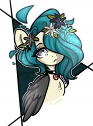 Size: 1141x1532 | Tagged: safe, artist:hennessi83, oc, oc only, pegasus, pony, abstract background, bust, choker, female, floral head wreath, flower, frown, hair over one eye, mare, pegasus oc, pentagram, simple background, solo, white background, wings