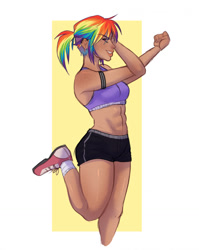 Size: 1018x1280 | Tagged: safe, artist:flasterstof, rainbow dash, human, g4, abs, bare shoulders, breasts, clothes, dark skin, ear piercing, earring, eye clipping through hair, female, fit, humanized, jewelry, piercing, ponytail, shorts, sleeveless, slender, smiling, smirk, solo, sports bra, sports shoes, sports shorts, stretching, thin