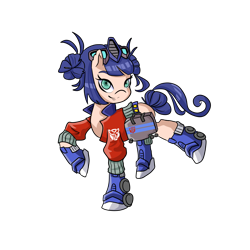 Size: 3000x3000 | Tagged: safe, artist:windywendy29, kotobukiya, earth pony, pony, belt, boots, clothes, crossover, female, goggles, high res, jacket, mare, optimus prime, ponified, raised hoof, raised leg, rule 63, rule 85, shoes, shorts, simple background, smiling, smirk, solo, toolbox, transformers, transparent background