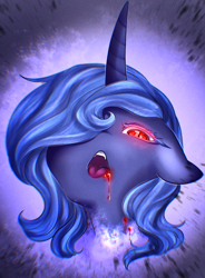 Size: 1441x1958 | Tagged: safe, artist:damayantiarts, princess luna, alicorn, pony, vampire, vampony, g4, abstract background, blood, bust, dripping blood, fangs, female, hair over one eye, mare, red eyes, s1 luna, solo