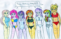 Size: 1280x818 | Tagged: safe, artist:jose-ramiro, applejack, fluttershy, pinkie pie, rainbow dash, rarity, sci-twi, sunset shimmer, twilight sparkle, human, equestria girls, g4, belly button, bikini, clothes, humane five, humane seven, humane six, leotard, looking at you, one-piece swimsuit, paper, scanned, smiling, smiling at you, swimsuit, traditional art