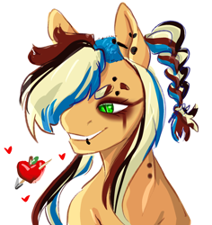 Size: 1672x1769 | Tagged: safe, artist:damayantiarts, applejack, earth pony, pony, g4, apple, braid, bust, ear piercing, female, food, hair over one eye, heart, lip piercing, makeup, mare, piercing, punk, running makeup, simple background, solo, white background