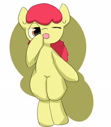 Size: 1979x2264 | Tagged: safe, artist:up_p_ab, apple bloom, earth pony, pony, g4, bipedal, female, filly, foal, one eye closed, simple background, solo, tired, white background, yawn