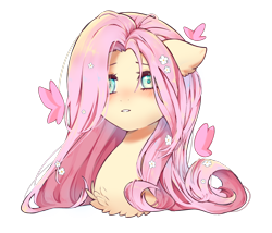 Size: 3000x2565 | Tagged: safe, artist:angelapie, fluttershy, butterfly, pony, g4, ambiguous facial structure, bust, chest fluff, collaboration, colored pupils, cute, ear fluff, female, floppy ears, flower, flower in hair, high res, portrait, shyabetes, simple background, solo, stray strand, three quarter view, transparent background