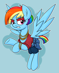 Size: 1290x1592 | Tagged: safe, artist:moonatik, rainbow dash, valley glamour, pegasus, pony, g4, alternate hairstyle, bracelet, clothes, eyeshadow, female, jewelry, makeup, mare, necklace, rainbow dash always dresses in style, shirt, shorts, solo, vulgar description, waifu material