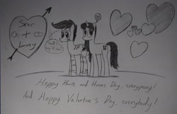 Size: 1936x1248 | Tagged: safe, artist:ricky47, oc, oc only, oc:lucy, oc:scar, pony, blushing, drawing, heart, holiday, thought bubble, traditional art, valentine, valentine's day