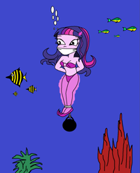 Size: 1021x1262 | Tagged: safe, artist:walnutwilly, twilight sparkle, human, equestria girls, g4, asphyxiation, ball and chain, bubble, cloth gag, danger, drowning, gag, humanized, peril, sinking, tied up, underwater
