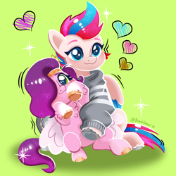 Size: 1280x1280 | Tagged: safe, artist:puyohh, pipp petals, zipp storm, pegasus, pony, g5, my little pony: a new generation, adorable face, adorapipp, adorazipp, blue eyes, blushing, clothes, cute, duo, duo female, eyebrows, fanart, female, filly, foal, gray, gray sweater, green background, green eyes, hair over one eye, heart, holding, mane, mare, pegasister, pink coat, pipp is short, purple mane, red mane, royal sisters (g5), siblings, signature, simple background, sisters, sitting, smiling, sweater, tail, unshorn fetlocks, white coat, wings, zipp is tall