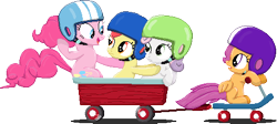 Size: 448x201 | Tagged: safe, artist:rockingscorpion, apple bloom, pinkie pie, scootaloo, sweetie belle, earth pony, pegasus, pony, unicorn, g4, the cutie mark chronicles, cutie mark crusaders, female, filly, foal, helmet, mare, pixel art, scooter, simple background, transparent background, wagon