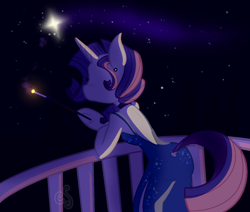 Size: 1256x1064 | Tagged: safe, artist:cutiesparke, rarity, unicorn, semi-anthro, g4, alternate hairstyle, arm hooves, backless, balcony, cigarette, cigarette holder, clothes, dress, ear piercing, earring, female, horn, jewelry, piercing, shooting star, solo, sparkles, stars, tail, tail hole