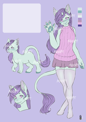 Size: 2039x2893 | Tagged: safe, artist:natt333, oc, cat, hybrid, original species, pony, unicorn, anthro, unguligrade anthro, adoptable, clothes, community related, female, high res, hooves, horn, leonine tail, mare, paw pads, paws, reference sheet, small horn, stockings, tail, thigh highs