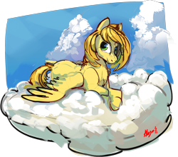 Size: 2187x1925 | Tagged: safe, artist:alumx, oc, oc only, oc:golden mare, pegasus, pony, cloud, female, looking at you, lying down, lying on a cloud, mare, not spitfire, on a cloud, prone, simple background, solo, transparent background