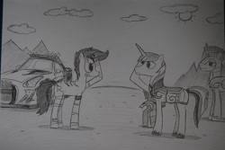 Size: 1812x1214 | Tagged: safe, artist:ricky47, shining armor, oc, oc:scar, earth pony, pony, unicorn, g4, armor, car, farewell, looking at each other, looking at someone, nissan, nissan gt-r, police car, royal guard, salute, traditional art