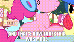Size: 400x225 | Tagged: safe, edit, edited screencap, screencap, apple bloom, pinkie pie, sweetie belle, earth pony, pony, unicorn, g4, season 1, the cutie mark chronicles, and that's how equestria was made, animated, caption, female, filly, foal, gif, helmet, image macro, mare, text