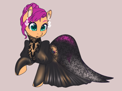 Size: 2495x1870 | Tagged: safe, artist:taytinabelle, sunny starscout, earth pony, pony, g5, my little pony: a new generation, spoiler:g5, :o, beautiful, clothes, collar, colored ear fluff, cute, dress, ear fluff, ear piercing, earring, female, gala dress, gray background, jewelry, lingerie, mare, met gala, open mouth, piercing, ponified, see-through, simple background, solo, stockings, sunnybetes, vanessa hudgens, voice actor joke