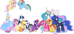Size: 5298x2438 | Tagged: safe, artist:boogeyboy1, edit, vector edit, applejack, fluttershy, megan williams, pinkie pie, princess cadance, princess celestia, princess luna, rainbow dash, rarity, shining armor, spike, sunset shimmer, twilight sparkle, alicorn, earth pony, human, pegasus, pony, unicorn, g4, look before you sleep, season 5, the crystalling, cloak, clothes, crown, dress, dressup, female, flying, folded wings, froufrou glittery lacy outfit, glowing, glowing horn, grin, group photo, group picture, group shot, happy, hat, hennin, high res, hoof shoes, hooves, horn, jewelry, looking at each other, looking at someone, looking down, magic, male, mane seven, mane six, mare, open mouth, open smile, palindrome get, pregdance, pregnant, princess, raised hoof, regalia, simple background, smiling, smiling at each other, spread wings, stallion, standing, telekinesis, transparent background, vector, wall of tags, wings