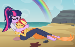 Size: 1920x1217 | Tagged: safe, artist:grapefruit-face, artist:uzzi-ponydubberx, edit, sci-twi, sunset shimmer, twilight sparkle, mermaid, equestria girls, base used, beach, bikini, bikini top, blushing, clothes, duo, duo female, eyes closed, feet, female, fetish, fish tail, foot fetish, hand over mouth, hug, lesbian, lying down, mermaid tail, mermaidized, on back, rainbow, scitwishimmer, shipping, show accurate, sitting, sleeping, sleeveless, species swap, sunsetsparkle, swimsuit, tail, water