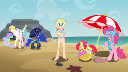 Size: 3833x2156 | Tagged: safe, artist:boogeyboy1, apple bloom, megan williams, pinkie pie, princess celestia, princess luna, alicorn, earth pony, human, pony, g1, g4, beach, beach ball, bikini, clothes, flower, flower in hair, g1 to g4, generation leap, high res, levitation, looking at you, magic, one-piece swimsuit, playful, playing, swimsuit, telekinesis, tied hair, umbrella