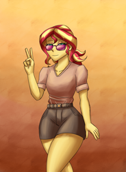 Size: 1400x1900 | Tagged: safe, artist:zachc, sunset shimmer, human, equestria girls, g4, alternate hairstyle, clothes, female, peace sign, shirt, shorts, solo, sunglasses