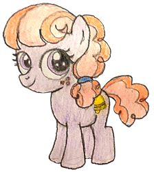 Size: 579x646 | Tagged: safe, artist:jebens1, jing-a-ling, earth pony, pony, g1, g4, my little pony tales, bell, female, filly, foal, freckles, generation leap, simple background, smiling, solo, traditional art, transparent background