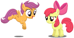 Size: 500x258 | Tagged: safe, artist:rockingscorpion, apple bloom, scootaloo, earth pony, pegasus, pony, g4, apple bloom's bow, blank flank, bow, duo, female, filly, foal, hair bow, pixel art, simple background, transparent background