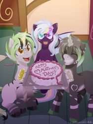 Size: 1200x1600 | Tagged: safe, artist:willoillo, oc, bat pony, hybrid, pony, zony, cake, commission, food, mother's day