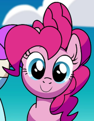 Size: 245x316 | Tagged: safe, artist:fera animations, pinkie pie, earth pony, pony, g4, bandage, cloud, female, hair bun, looking at you, mare, pibby, sky, smiling, youtube link