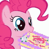 Size: 160x160 | Tagged: safe, pinkie pie, earth pony, pony, pink fluffy unicorns dancing on rainbows, g4, party of one, animated, birthday cake, cake, chewing, chewing ponies, cute, diapinkes, eating, female, food, gif, gif for breezies, happy birthday, hapvw mnulh milnum nim, picture for breezies, pinkie pie's birthday, simple background, solo, tenor, transparent background, white background, written equestrian